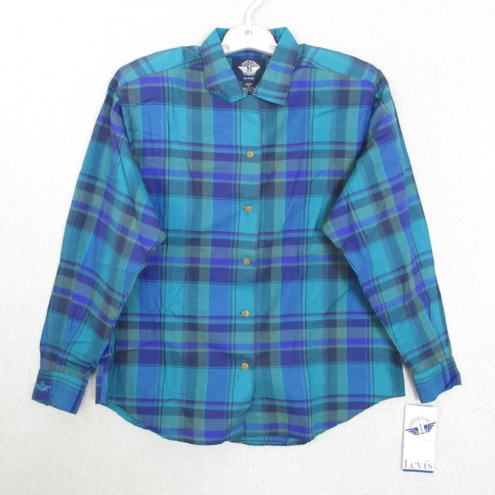 Dockers Button-Up Shirt Womens Petite‎ PL Long Sleeve Plaid Blue Cotton Collared
